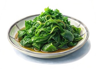 Plate of wakame seaweed salad on white background