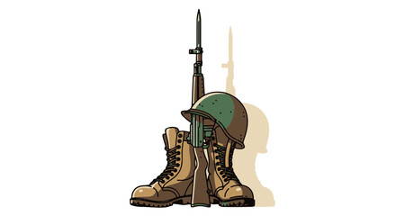Naklejka premium Illustration of military gear, including a soldier's rifle, helmet, and boots, symbolizing service, sacrifice, and remembrance for veterans