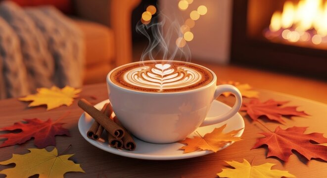 Cozy Autumn Latte with Latte Art, Cinnamon Sticks, and Maple Leaves by a Fireplace