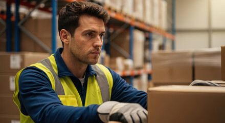 Trabajador de almacén cargando caja de cartón durante su jornada laboral, póster horizontal