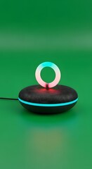 A modern smart speaker with a glowing ring on top, set against a vibrant green background, showcasing sleek design and ambient lighting features