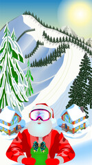 Festive winter illustration of Santa Claus in ski goggles holding a gift against a bright snowy mountain landscape with cozy holiday cabins, pine trees, and a sunny sky. Perfect for Christmas posters,