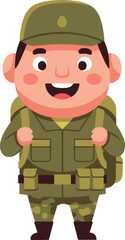 A cheerful cartoon soldier with a wide smile, wearing an olive green uniform, cap, and a large backpack.