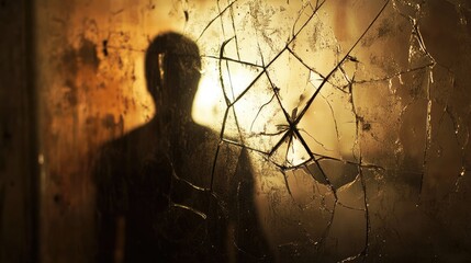 Shattered mirror on aged wall reflects silhouette of person. Cracked glass, distressed frame, dark setting. Mystery and decay dominate composition. Generative by AI