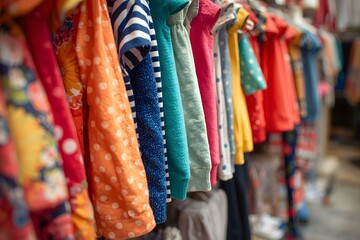 Colorful children clothes in the shop.