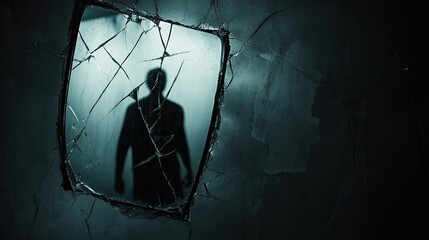 Shattered mirror on aged wall reflects silhouette of person. Cracked glass, distressed frame, dark setting. Mystery and decay dominate composition. Generative by AI