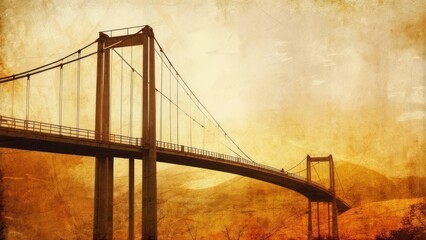 Vintage Style Suspension Bridge Spanning a Valley at Sunset.