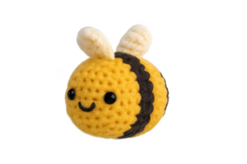 Yellow crochet bee amigurumi toy with transparent background