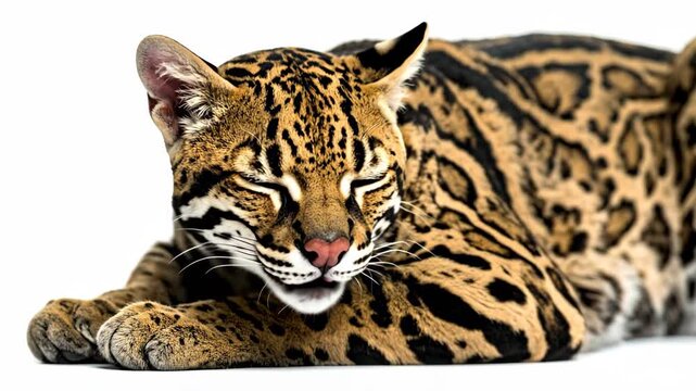 Close up of a beautiful ocelot lying down with its distinctive spotted coat.