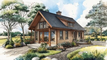 Watercolor Cottage Illustration - Cozy Home Amidst Natures Embrace.