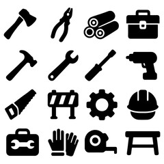 Obraz premium Construction Tools in Silhouette: A collection of essential construction tools presented in sleek, uniform black silhouettes, perfect for illustrating projects and representing industry essentials. 