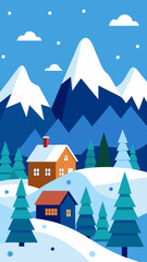 Winter landscape with houses mountains and snowy trees