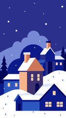 Fototapeta premium Winter village scene with snow covered roofs and trees