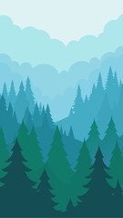 Fototapeta premium Illustration of a misty forest with tall pine trees
