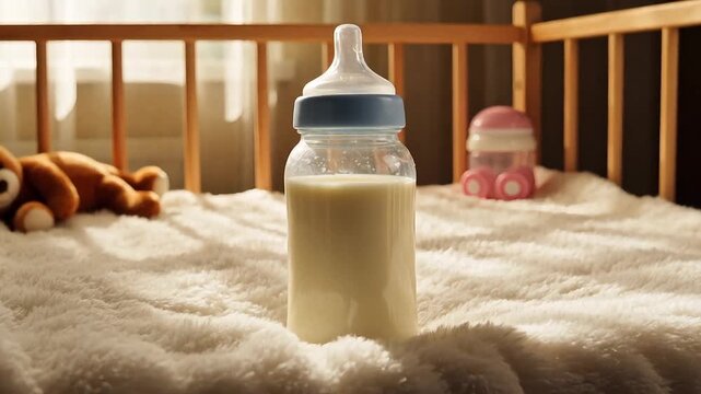 Clear glass baby bottle filled with milk sitting on a soft white blanket inside a wooden crib with a blurry teddy bear toy
