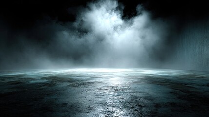Naklejka premium An abstract image of a concrete floor in a dark room. White clouds, haze, or smog move against a black background.