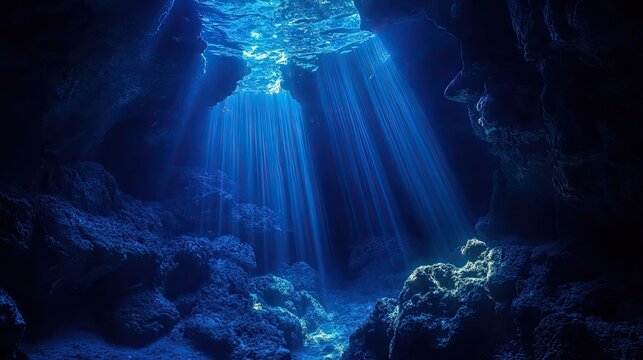 Underwater cave with blue light beams streaming through surface opening, illuminating rocky floor and walls. Submarine scene glows softly. Generative by AI - Powered by Adobe