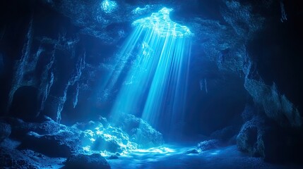 Obraz premium Underwater cave with blue light beams streaming through surface opening, illuminating rocky floor and walls. Submarine scene glows softly. Generative by AI