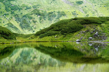 濃い緑の山肌が穏やかな湖面に鏡のように反射し水の色も鮮やかな緑を帯びて夏の雄大で静かな自然を捉えた風景写真