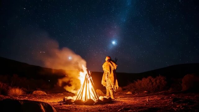 Man at night watches bonfire under starry sky. Pagan ritual of light and warmth during dark winter. Yule, Samhain, Imbolc symbolism.