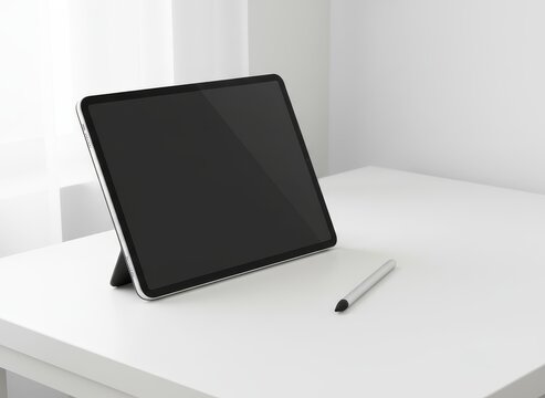 Tablet mockup with stylus on white desk
