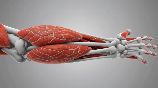 Anatomical illustration of human forearm extensor muscles and bones