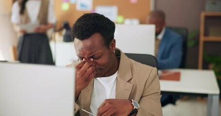 Man, glasses and eye strain with computer in office from glitch, article mistake and submission fail. Male person, burnout and pc with headache, copywriting pressure and coworking with blurry vision