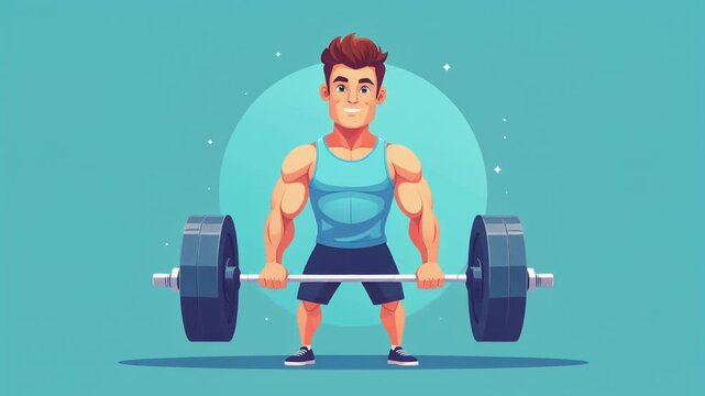 Animated muscular man lifting heavy weight, demonstrating fitness gym training. Exercise, health, strength, and active lifestyle concept.