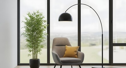Modern living room with a comfortable armchair and a tall floor lamp next to a potted plant
