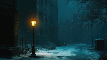 Snow-covered urban street at night with glowing vintage streetlamps, leafless trees, and old buildings. Soft snow falls gently, casting cold and quiet mood. Generative by AI