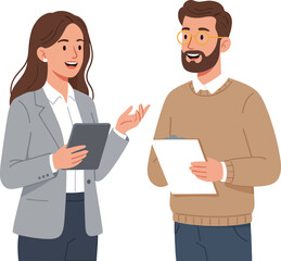 Fototapeta premium Business Conversation Between a Woman and a Man Engaged in Professional Discussion with Digital Devices and Documents on a Black Background