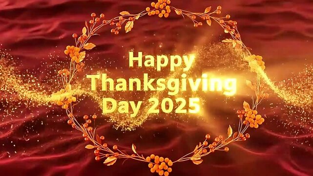 Happy thanksgiving day 2025 in a festive golden text, framed by an autumnal berry and leaf wreath, set against a rich red background with shimmering golden particle effects. - Powered by Adobe