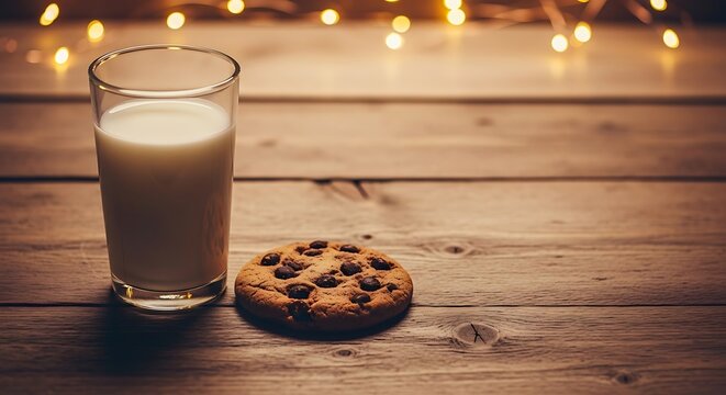 Cozy milk and chocolate chip cookie on rustic wood with bokeh