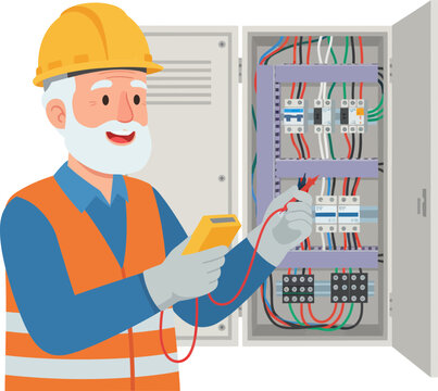 electrician inspecting and testing electrical panel with multimeter on site in a professional setting with safety gear and organized wiring