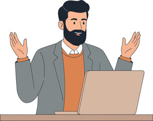 Professional man with a laptop engaged in a virtual meeting or presentation on a dark background highlighting remote communication and digital