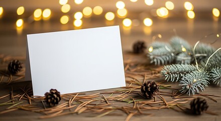 Blank card, pine cones, fir branches, and festive bokeh lights