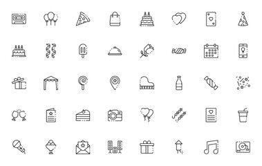 Celebration icon set. Party vector collection. Featues symbols for birthday, msic, gifts, balloons, cake confetti, party hat and mre. Editable stroke.