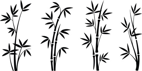 Bamboo plant silhouettes, black bamboo illustration, tropical plant design, Asian nature symbol, vector bamboo stems and leaves, Zen art, decorative elements
