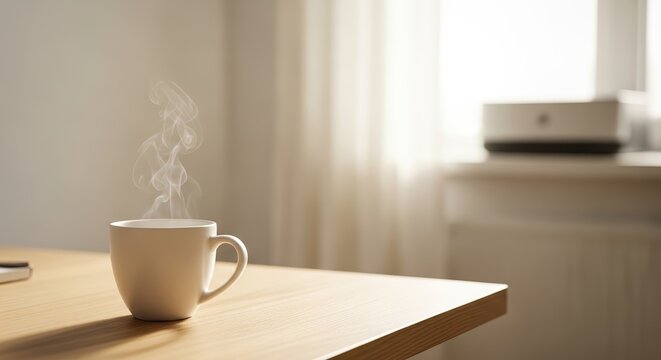Cozy steaming cup of coffee on a wooden table in a bright room  