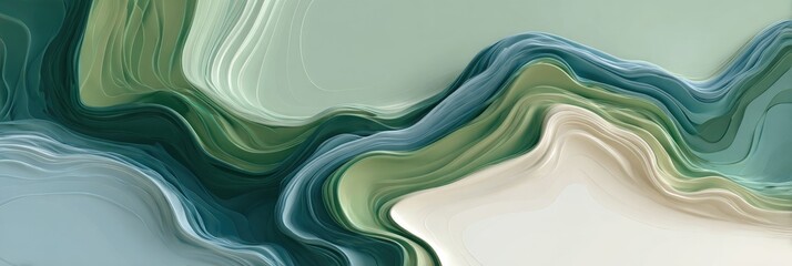 Fototapeta premium Abstract flowing layered shapes in shades of green, blue, and white. Fluid, modern design