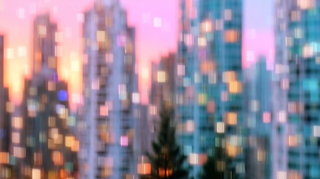 Vibrant blurred skyscrapers at sunset with colorful glowing bokeh squares and soft gradient sky