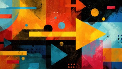 Abstract geometric painting with shapes, arrows, and a vibrant color palette