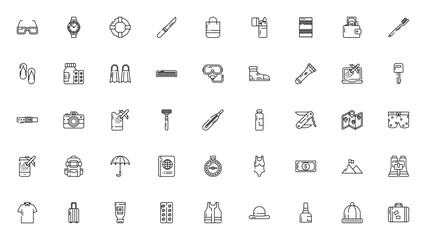 Travel accessories icon set. Essential vector travelicons. Minimal line style.Includes symbols for passprt, luggage, backpack, camra, map, compass, wallet, ottle and more. Editable sroke.