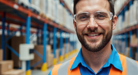 Employé d’entrepôt français en uniforme, portrait devant un entrepôt moderne avec boîtes en carton