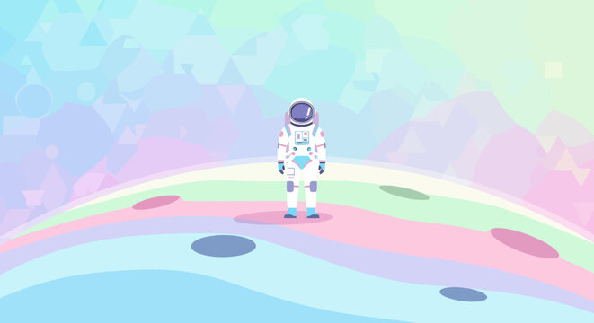 Astronaut standing on a pastel-colored planet in a surreal, dreamy, and colorful cosmic landscape, exploring the universe