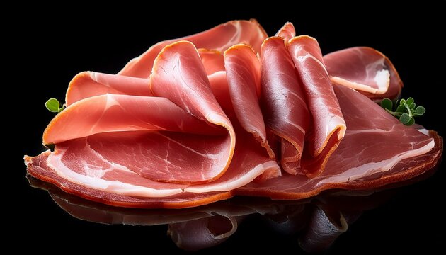 Close Up Of Thinly Sliced Cured Ham With Marbled Texture And Rich Color On Black - Powered by Adobe