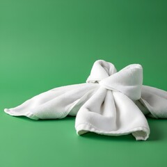 A neatly tied white fabric bow resting on a vibrant green background, creating a clean and elegant visual suitable for gift wrapping or decorative purposes