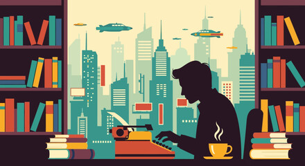 Creative Writing in a Futuristic Cityscape Silhouette of a Writer, Books, and Urban Vision