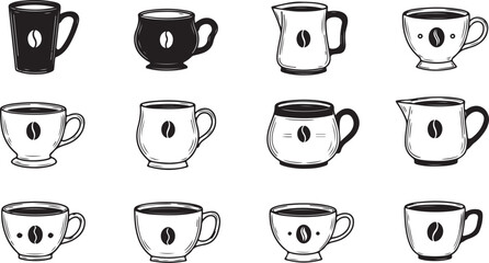 Set of coffee cups, tea mugs, and espresso saucers as a hot drink cafe icon vector illustration