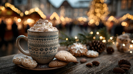 Merry Christmas and happy holidays, a cup of hot drink and cookies on the background of the lights of the Christmas market. AI design
